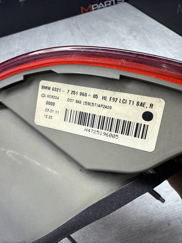 11-13 BMW E92 328 335 M3 Rear Right Outer Taillight Tail Light Lamp OEM 7251960