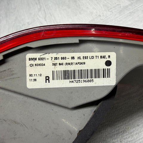 11-13 BMW E92 Coupe Rear Right Passenger Side Outer Tail Light 6321 7251960 OEM