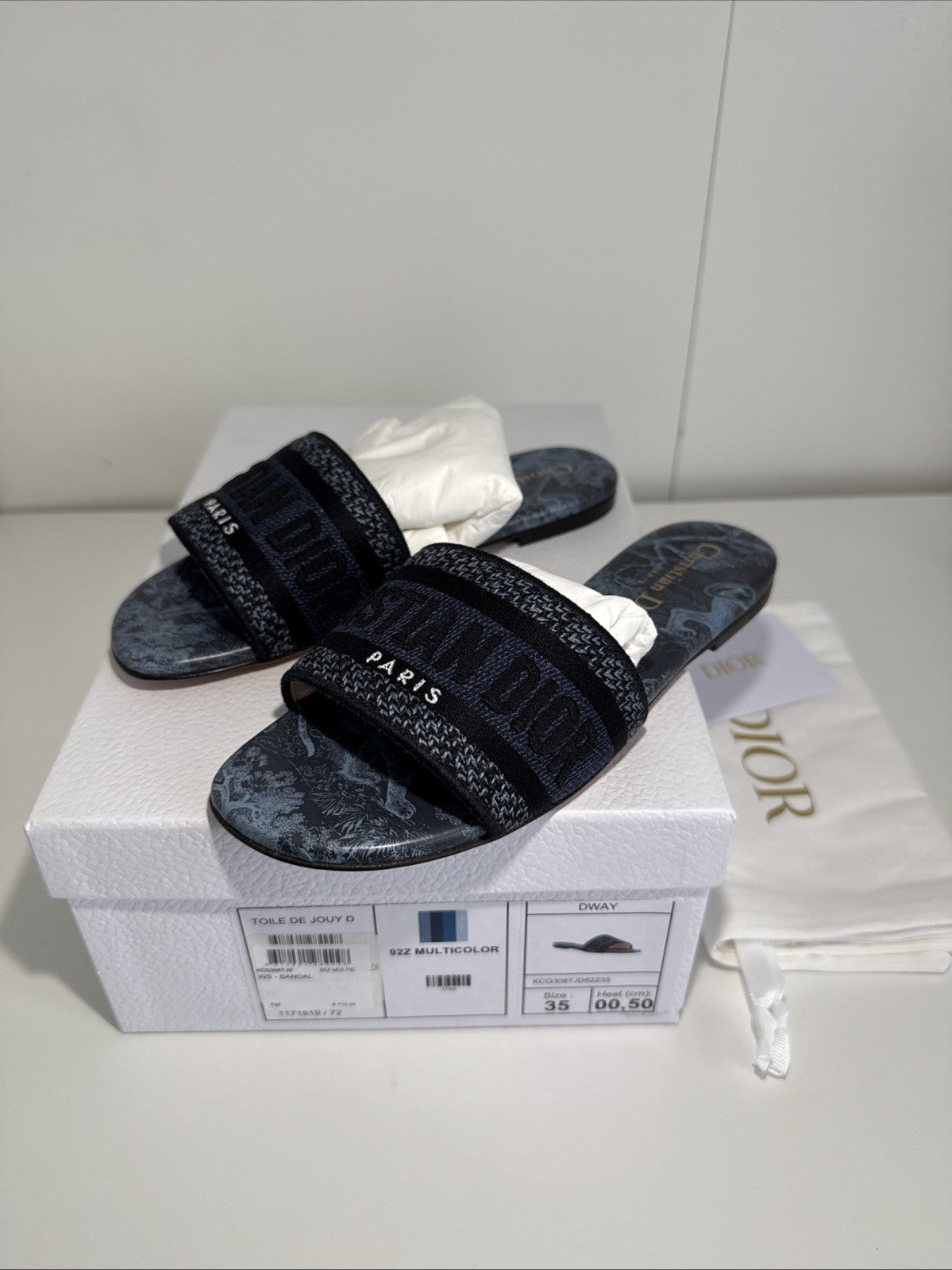 NEW Christian Dior Dway Blue Sandals 92Z Multicolor Toile de Jouy