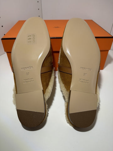 NEW Hermes Oz Mule in Suede Natural Shearling Silver Kelly Buckle Size 37