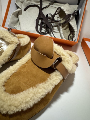 NEW Hermes Oz Mule in Suede Natural Shearling Silver Kelly Buckle Size 37