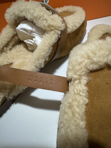 NEW Hermes Oz Mule in Suede Natural Shearling Silver Kelly Buckle Size 37