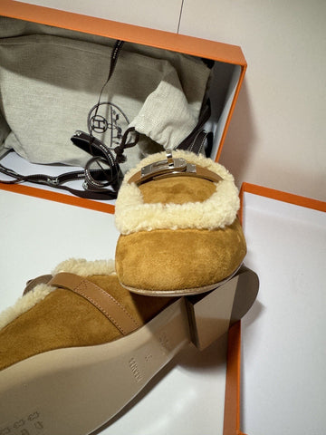 NEW Hermes Oz Mule in Suede Natural Shearling Silver Kelly Buckle Size 37