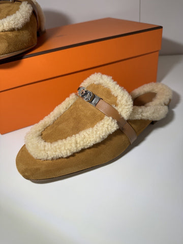 NEW Hermes Oz Mule in Suede Natural Shearling Silver Kelly Buckle Size 37
