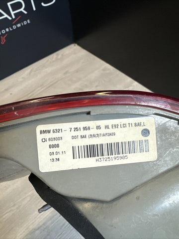 07-10 BMW E92 335 M3 COUPE LEFT OUTER LCI TAIL LIGHT OEM 7251959 *TINY CRACK*