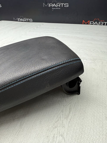 16-21 OEM BMW F87 M2 Center Armrest Tray Console Black Leather Blue Stitch