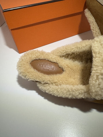 NEW Hermes Oz Mule in Suede Natural Shearling Silver Kelly Buckle Size 37