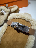 NEW Hermes Oz Mule in Suede Natural Shearling Silver Kelly Buckle Size 37