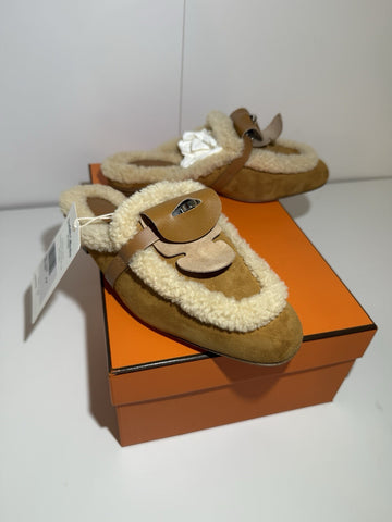 HERMES Oz Mule Size 37 Chevre Velour/Sheepskin Natural/Ecru