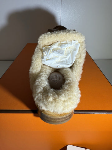 HERMES Oz Mule Size 37 Chevre Velour/Sheepskin Natural/Ecru