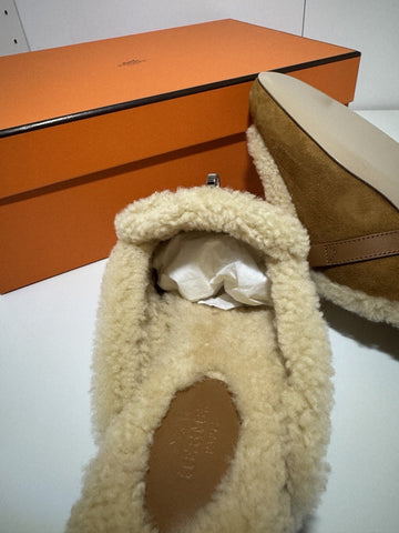 NEW Hermes Oz Mule in Suede Natural Shearling Silver Kelly Buckle Size 37