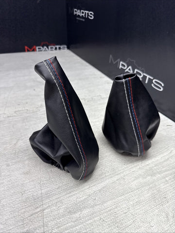 NEW 01-06 BMW E46 M3 Shift Knob Shifter & Parking Boots Leather Style Tri Stitch