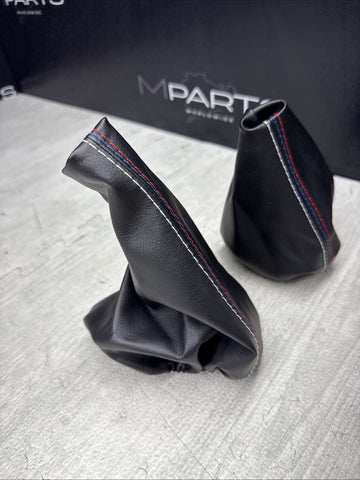 NEW 01-06 BMW E46 M3 Shift Knob Shifter & Parking Boots Leather Style Tri Stitch