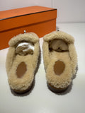 NEW Hermes Oz Mule in Suede Natural Shearling Silver Kelly Buckle Size 37