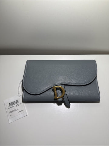 NEW Christian Dior Saddle Flap Card Wallet/Holder Goatskin Cloud Blue