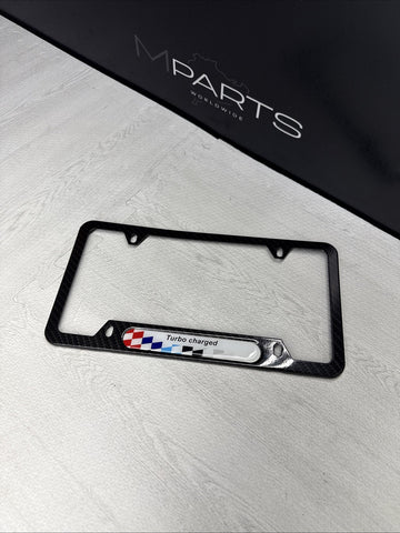 License Plate Frame BMW Power Turbocharged Carbon Fiber Style Front Rear Cover