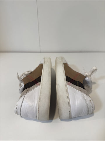 WHITE BURBERRY SALMOND CHECK LEATHER SNEAKERS SHOES EU 37.5 US 7.5 WOMANS WOMENS