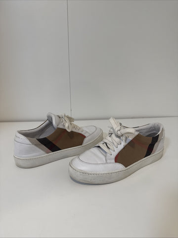 WHITE BURBERRY SALMOND CHECK LEATHER SNEAKERS SHOES EU 37.5 US 7.5 WOMANS WOMENS