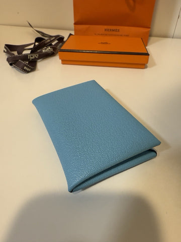 NEW Hermes Blue Leather Card Holder Wallet 2025