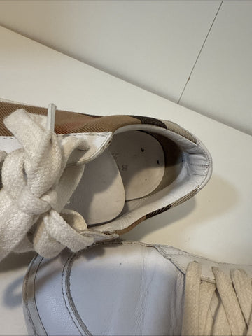 WHITE BURBERRY SALMOND CHECK LEATHER SNEAKERS SHOES EU 37.5 US 7.5 WOMANS WOMENS