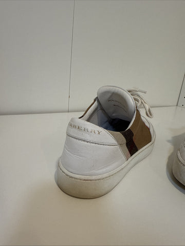 WHITE BURBERRY SALMOND CHECK LEATHER SNEAKERS SHOES EU 37.5 US 7.5 WOMANS WOMENS