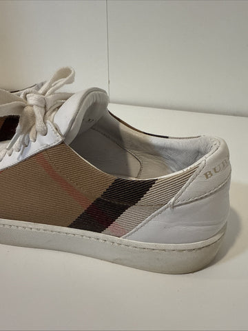 WHITE BURBERRY SALMOND CHECK LEATHER SNEAKERS SHOES EU 37.5 US 7.5 WOMANS WOMENS