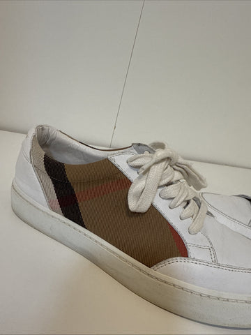 WHITE BURBERRY SALMOND CHECK LEATHER SNEAKERS SHOES EU 37.5 US 7.5 WOMANS WOMENS