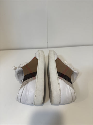 WHITE BURBERRY SALMOND CHECK LEATHER SNEAKERS SHOES EU 37.5 US 7.5 WOMANS WOMENS