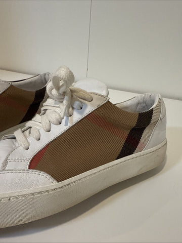 WHITE BURBERRY SALMOND CHECK LEATHER SNEAKERS SHOES EU 37.5 US 7.5 WOMANS WOMENS