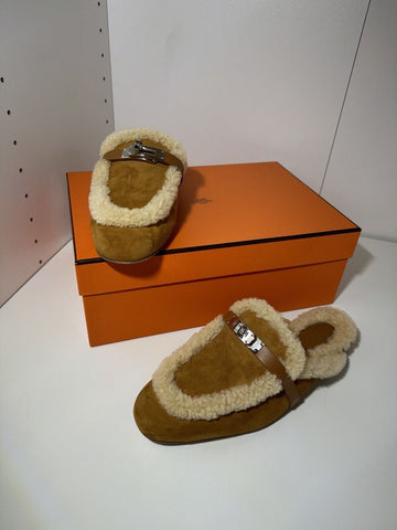 NEW IN BOX Hermes Oz Mule in Suede Natural Shearling Silver Kelly Buckle Size 37